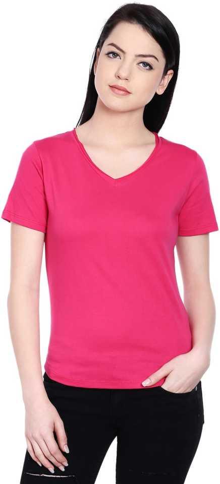 Style Quotient Women Pink V-Neck Solid Fashion Tshirts-Tshirt-StyleQuotient
