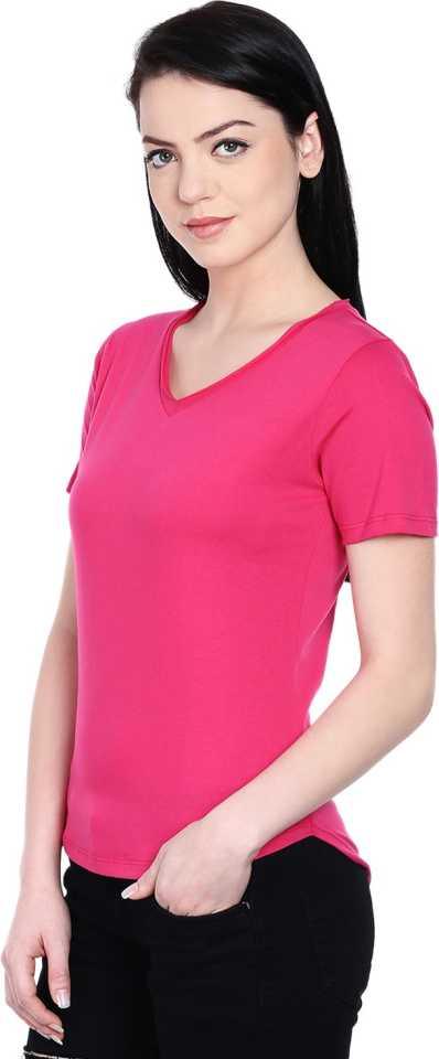 Style Quotient Women Pink V-Neck Solid Fashion Tshirts-Tshirt-StyleQuotient