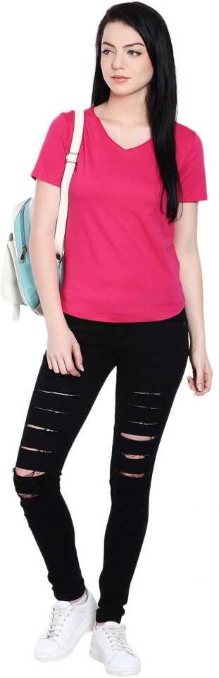 Style Quotient Women Pink V-Neck Solid Fashion Tshirts-Tshirt-StyleQuotient