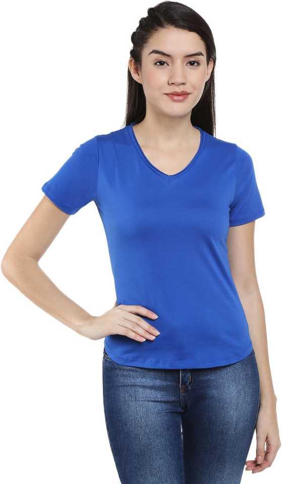 Style Quotient Women Blue V-Neck Solid Fashion Tshirts-Tshirt-StyleQuotient