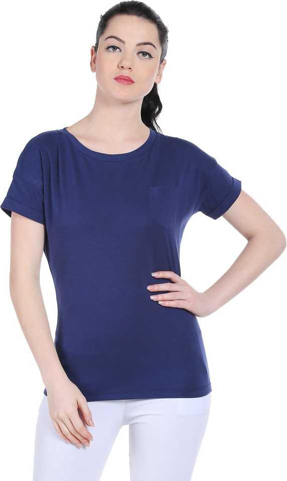 Style Quotient Women Navy Blue RoundNeck Solid Fashion Tshirts-Tshirt-StyleQuotient