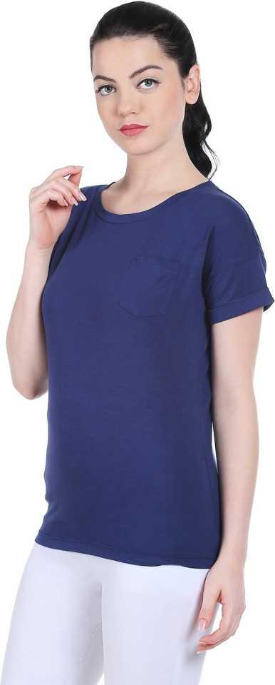 Style Quotient Women Navy Blue RoundNeck Solid Fashion Tshirts-Tshirt-StyleQuotient