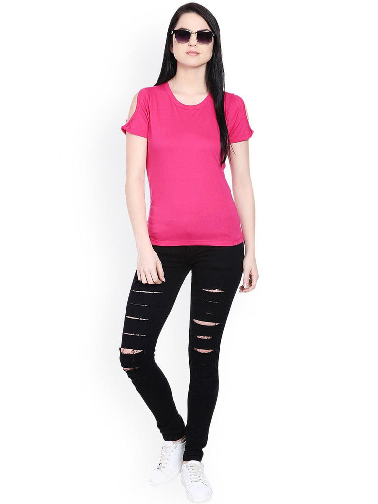 Style Quotient Women Pink Cold Shoulder Top-Tops-StyleQuotient