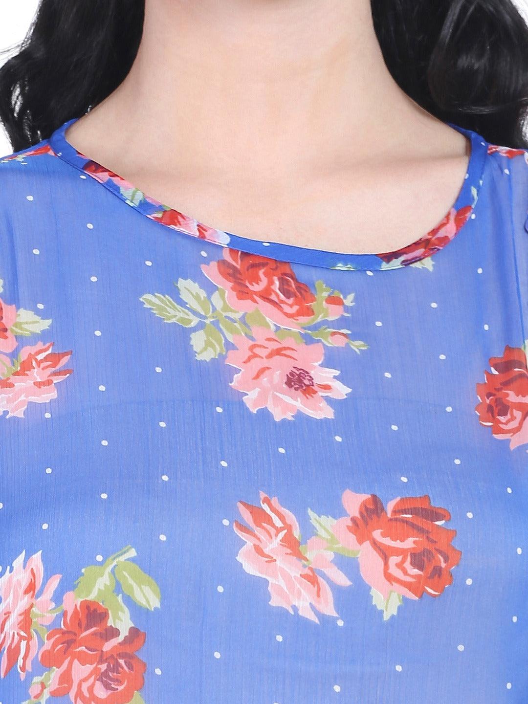 Style Quotient Women Blue RoundNeck Floral Fashion Tops-Tops-StyleQuotient