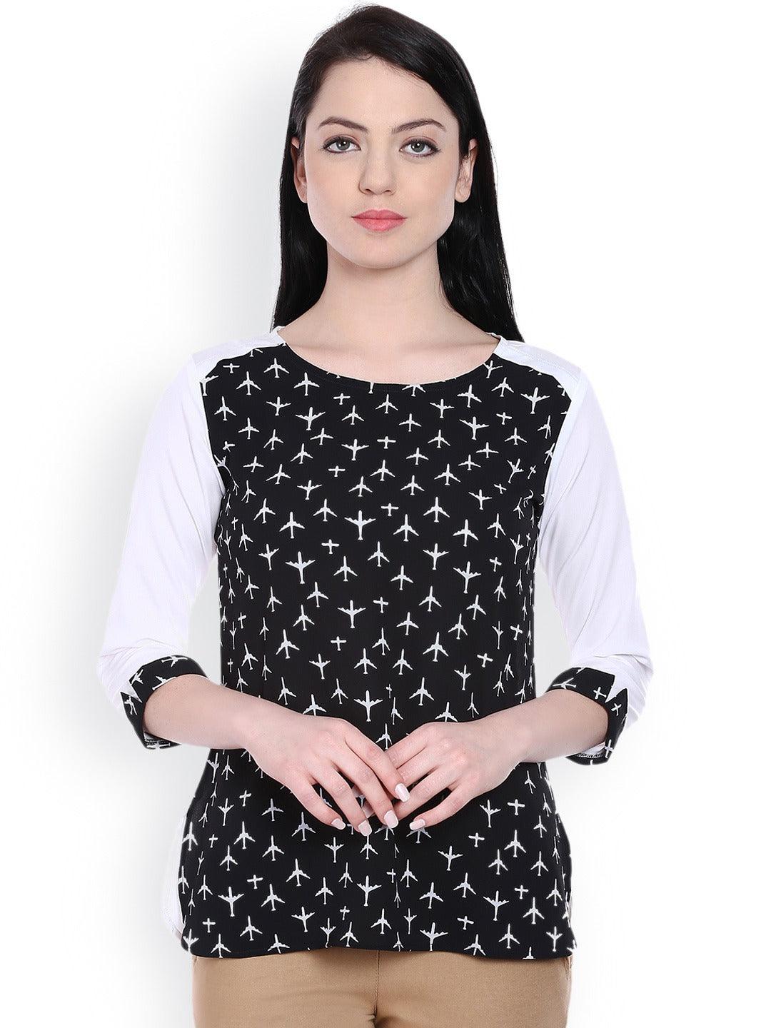 Style Quotient Women Black Round Neck Conversational Fashion Tops-Tops-StyleQuotient