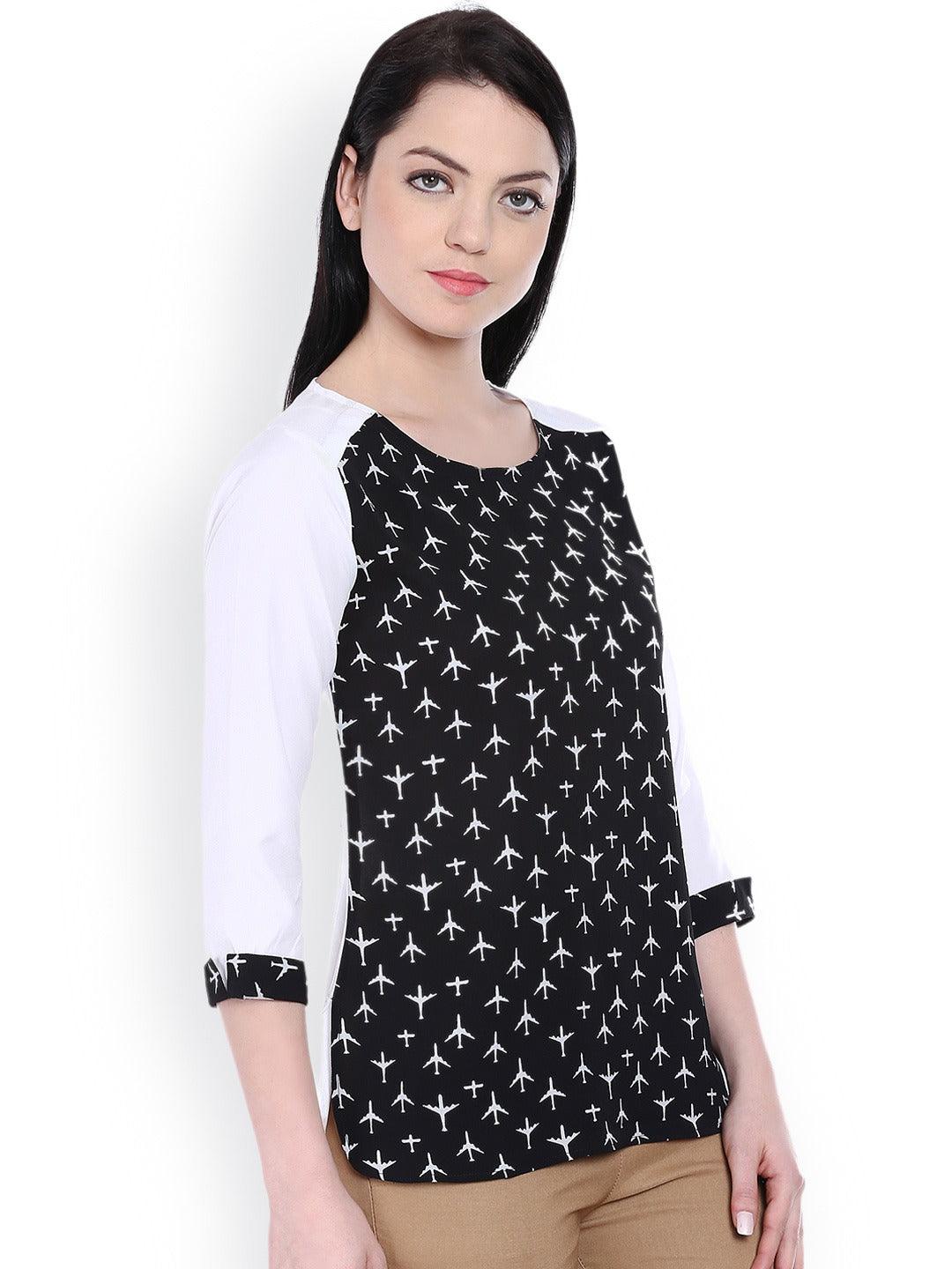 Style Quotient Women Black Round Neck Conversational Fashion Tops-Tops-StyleQuotient