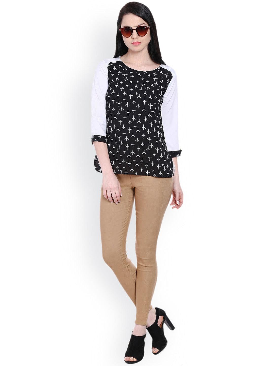 Style Quotient Women Black Round Neck Conversational Fashion Tops-Tops-StyleQuotient