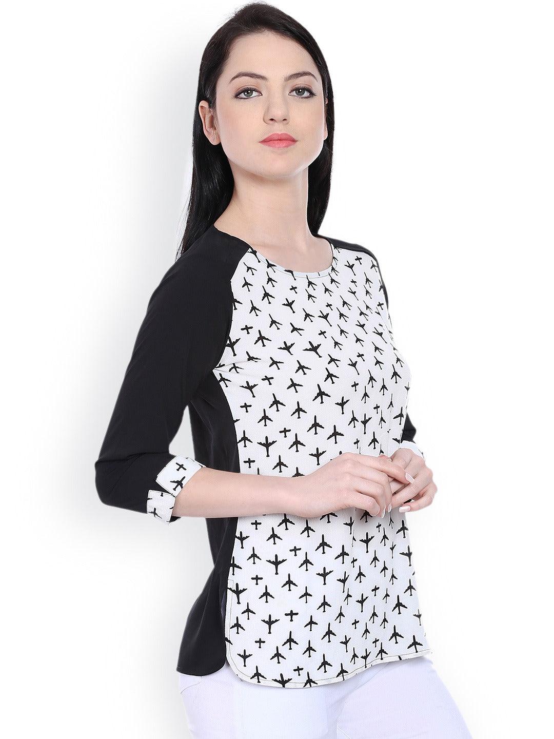 Style Quotient Women Black RoundNeck Printed Fashion Tops-Tops-StyleQuotient
