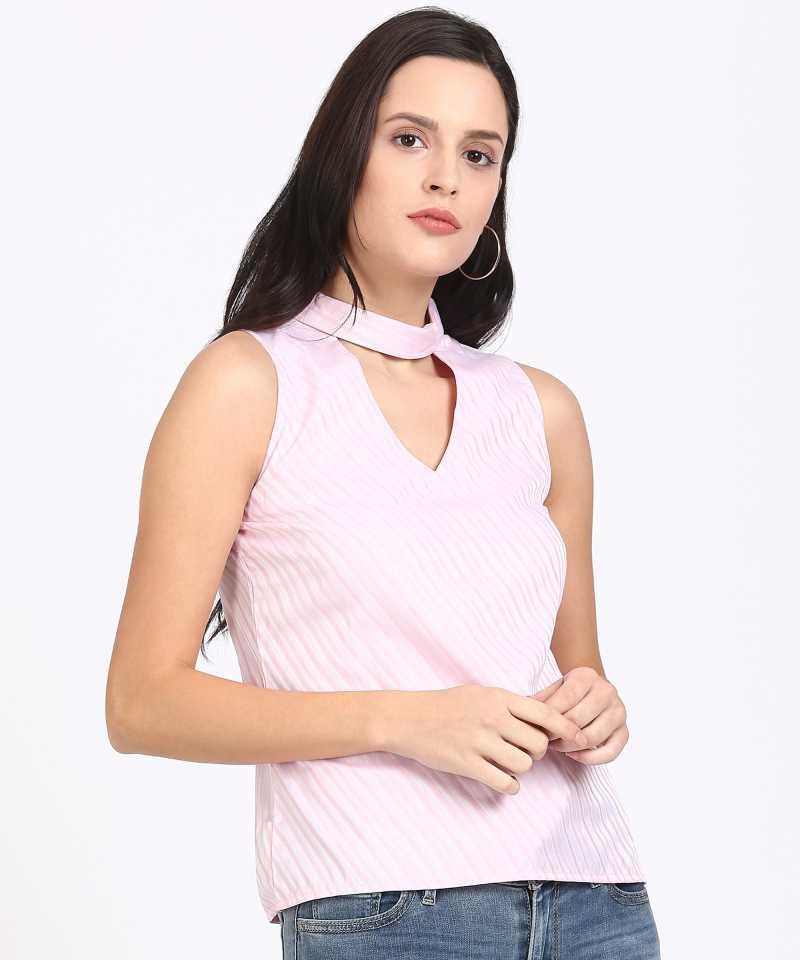 Style Quotient Women Pink High Neck Self Design Fashion Tops-Tops-StyleQuotient