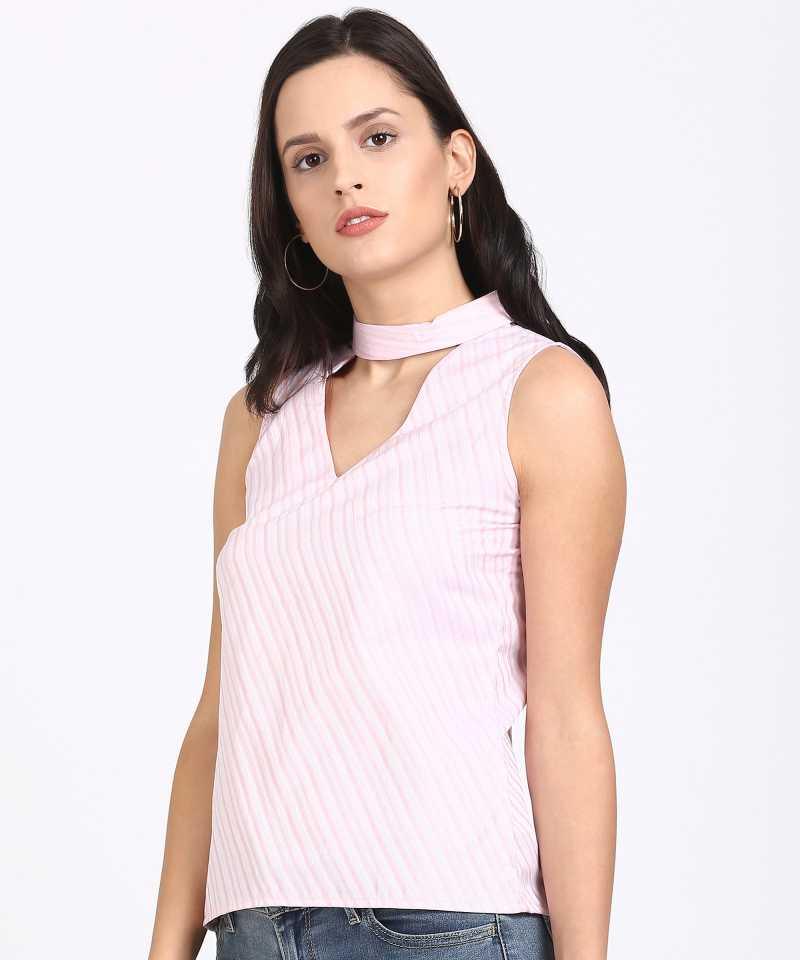 Style Quotient Women Pink High Neck Self Design Fashion Tops-Tops-StyleQuotient