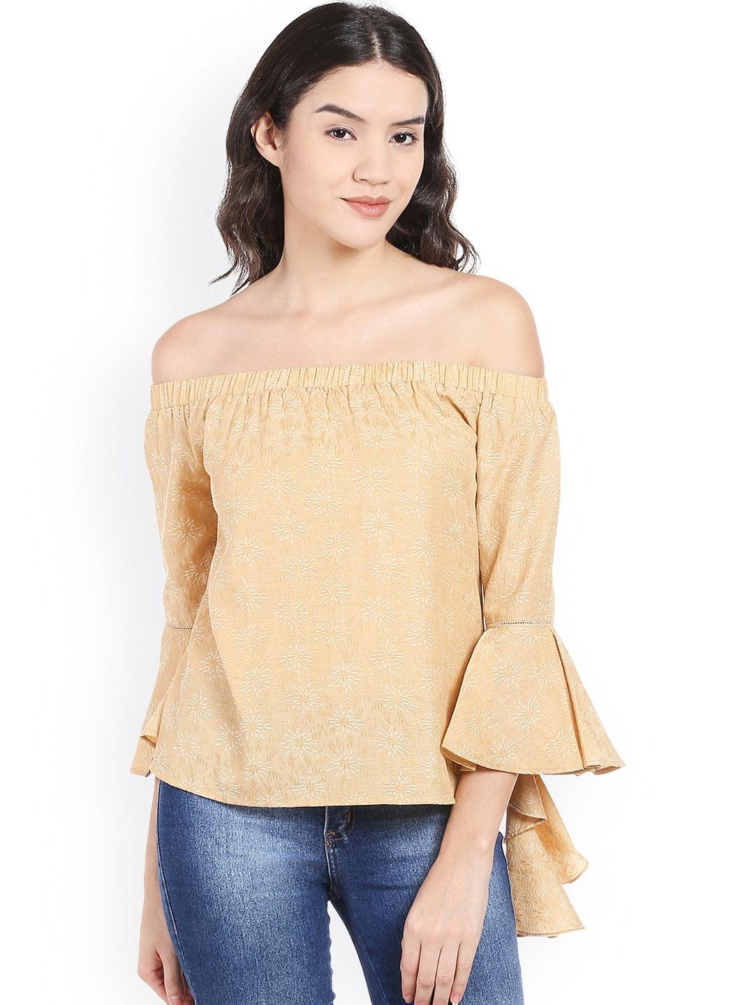 Style Quotient Women Beige Off-Shoulder Floral Fashion Tops-Tops-StyleQuotient