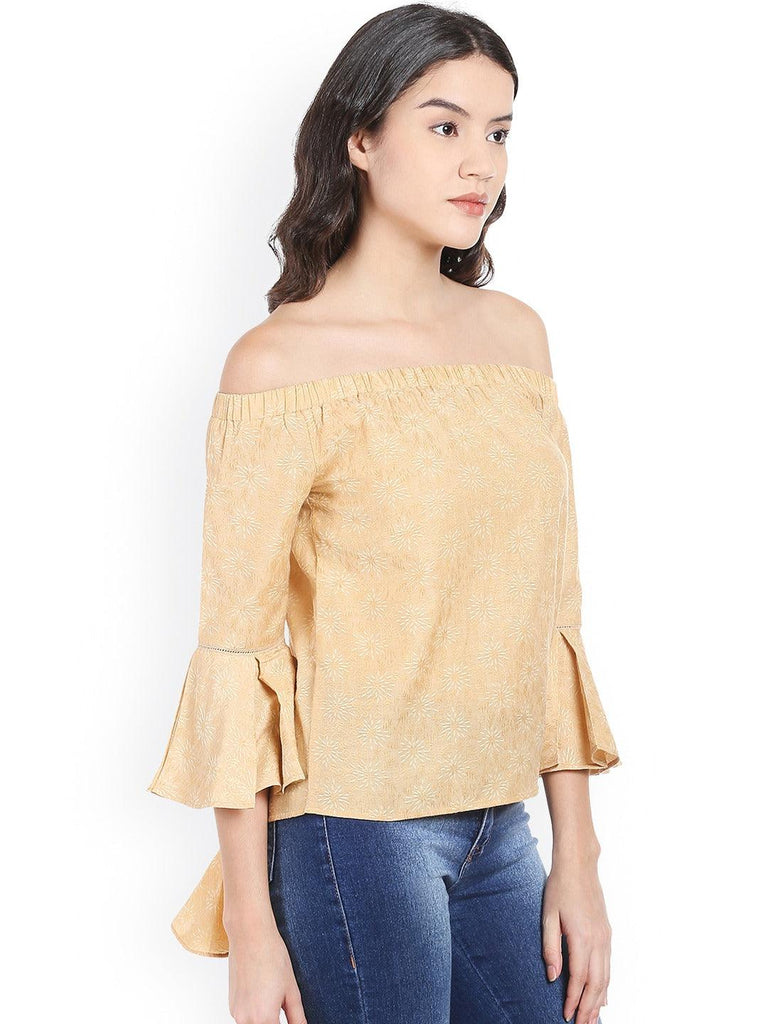 Style Quotient Women Beige Off-Shoulder Floral Fashion Tops-Tops-StyleQuotient