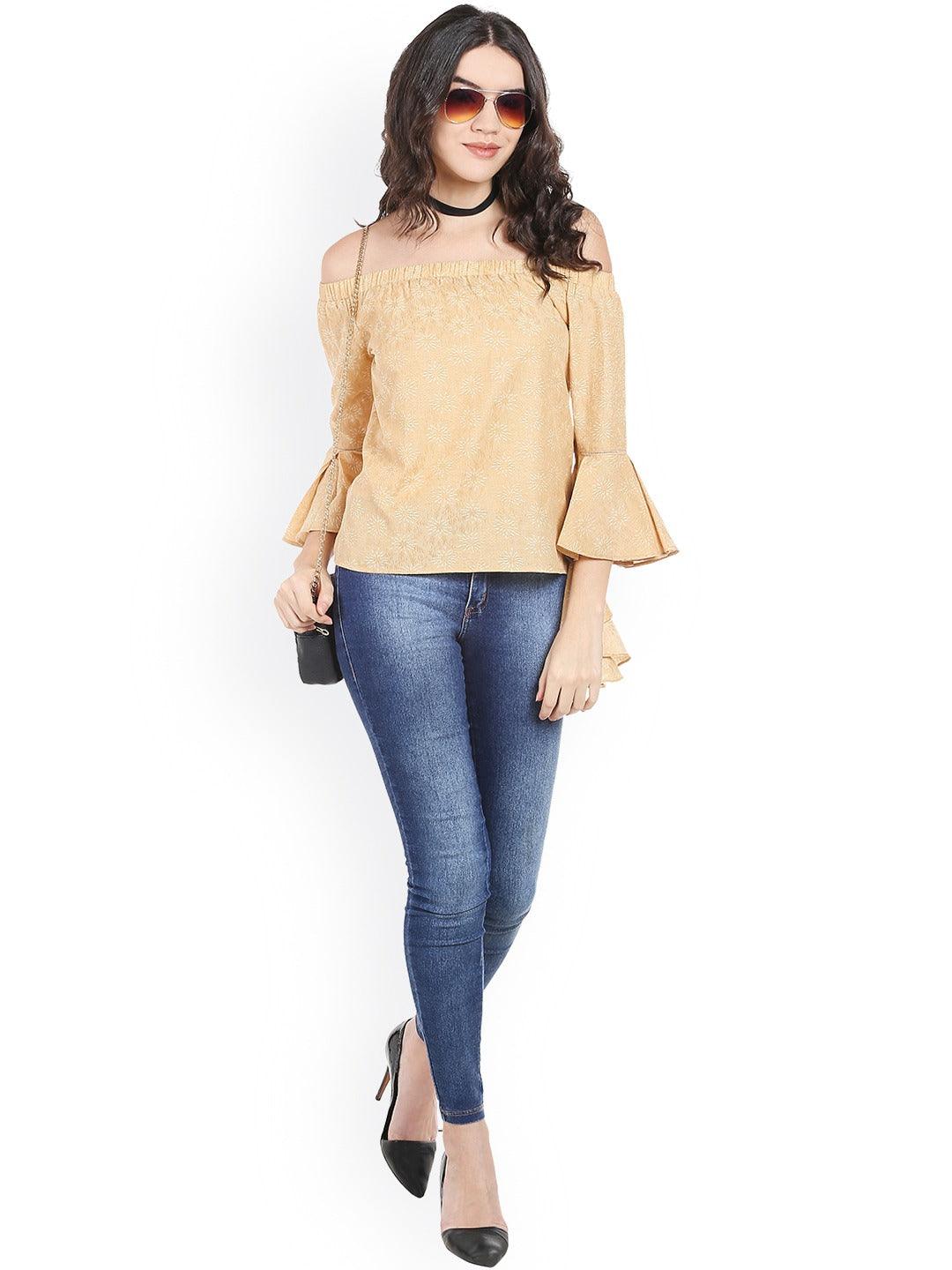 Style Quotient Women Beige Off-Shoulder Floral Fashion Tops-Tops-StyleQuotient