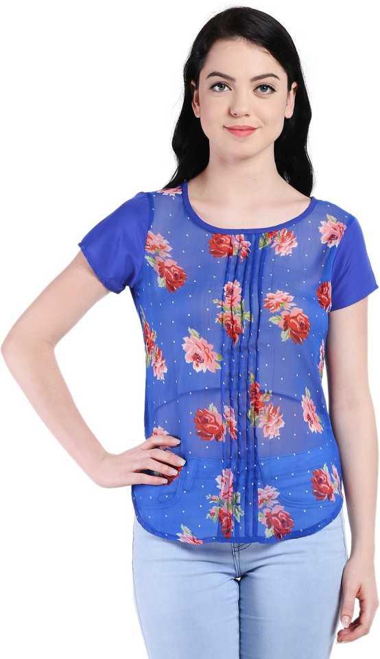 Style Quotient Women Blue Round Neck Floral Fashion Tops-Tops-StyleQuotient