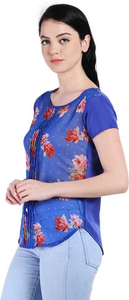 Style Quotient Women Blue Round Neck Floral Fashion Tops-Tops-StyleQuotient