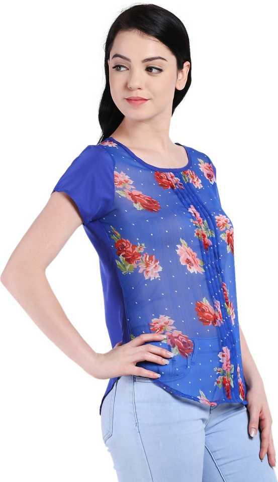 Style Quotient Women Blue Round Neck Floral Fashion Tops-Tops-StyleQuotient