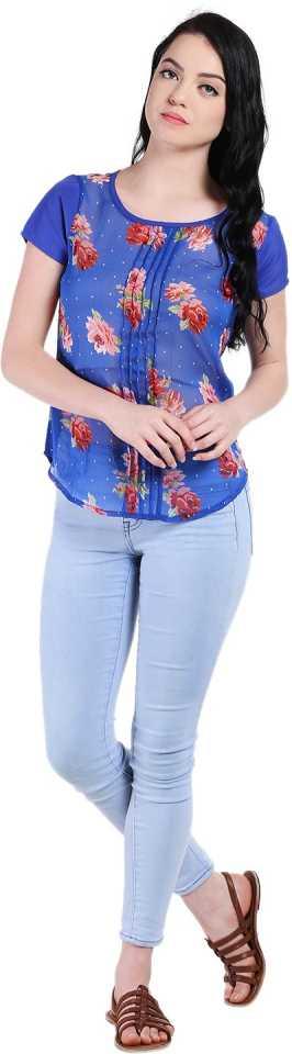 Style Quotient Women Blue Round Neck Floral Fashion Tops-Tops-StyleQuotient