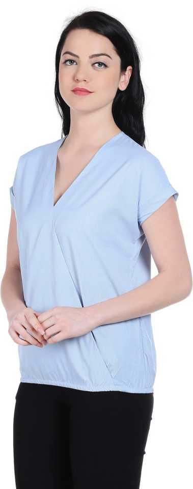 Style Quotient Women Blue V-Neck Solid Fashion Tops-Tops-StyleQuotient