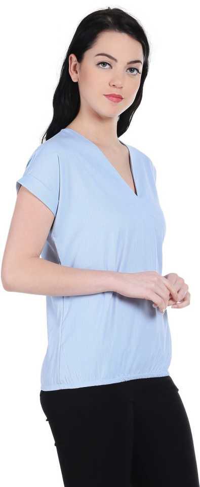 Style Quotient Women Blue V-Neck Solid Fashion Tops-Tops-StyleQuotient
