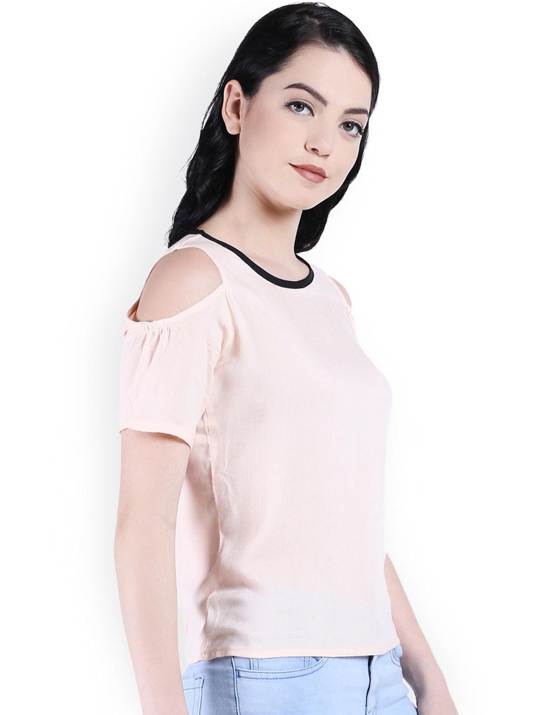 Style Quotient Women Peach Round Neck Solid Fashion Tops-Tops-StyleQuotient