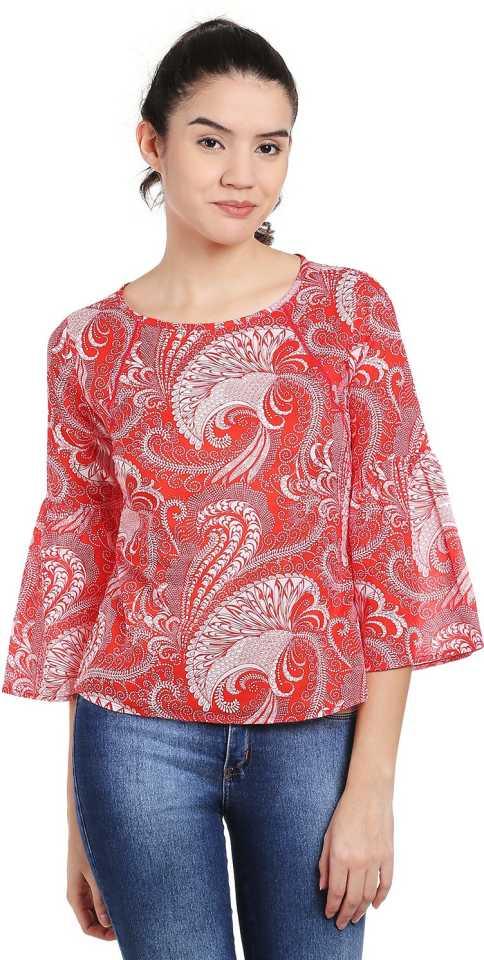 Style Quotient Women Red Boat Neck All Over Print Fashion Tops-Tops-StyleQuotient