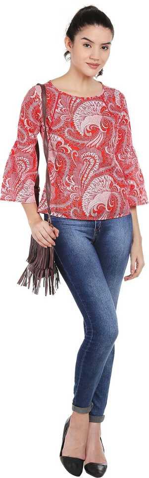 Style Quotient Women Red Boat Neck All Over Print Fashion Tops-Tops-StyleQuotient