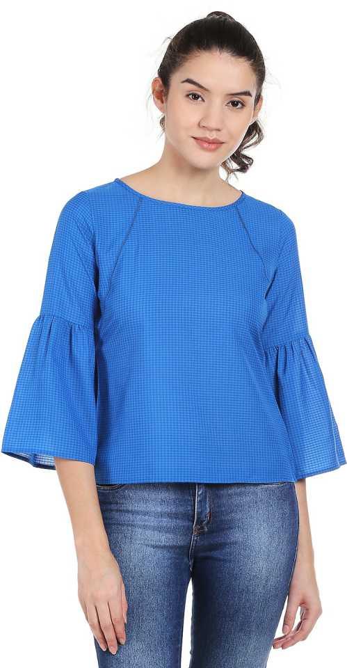 Style Quotient Women Blue Boat Neck Checkered Fashion Tops-Tops-StyleQuotient