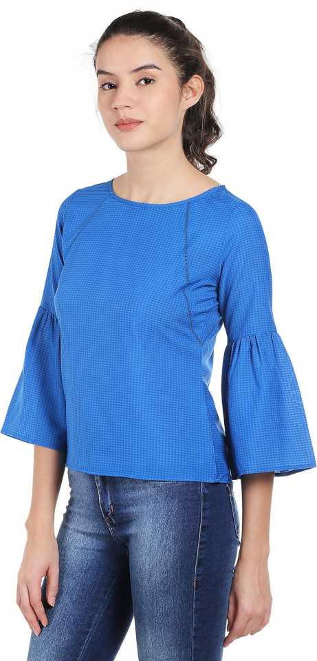 Style Quotient Women Blue Boat Neck Checkered Fashion Tops-Tops-StyleQuotient