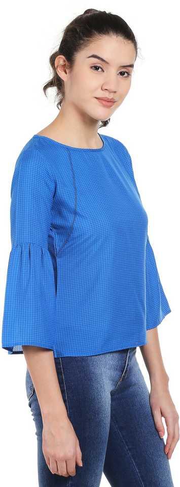 Style Quotient Women Blue Boat Neck Checkered Fashion Tops-Tops-StyleQuotient