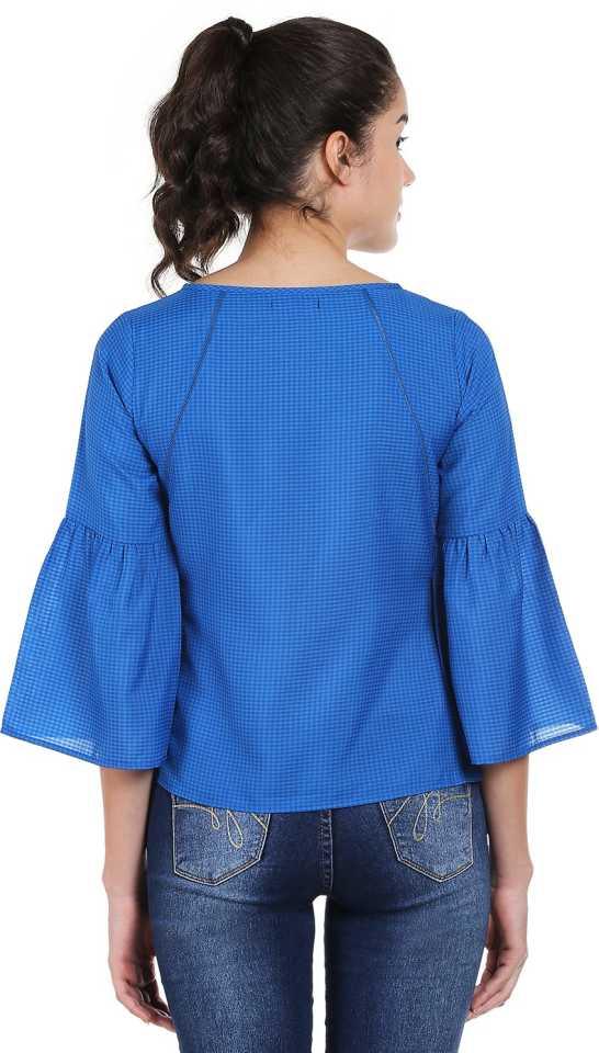 Style Quotient Women Blue Boat Neck Checkered Fashion Tops-Tops-StyleQuotient