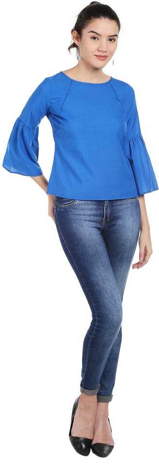 Style Quotient Women Blue Boat Neck Checkered Fashion Tops-Tops-StyleQuotient