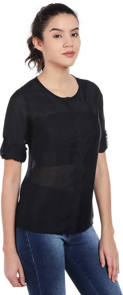 Style Quotient Women Black Round Neck solid Fashion Shirts-Shirts-StyleQuotient