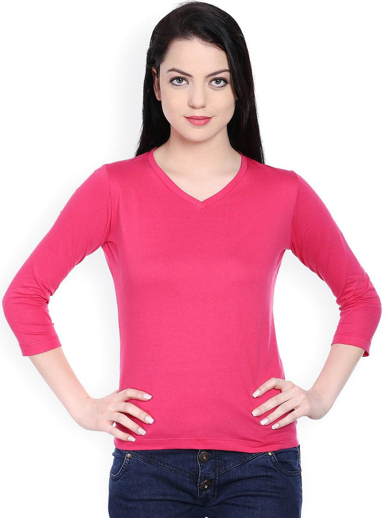 Style Quotient Women Pink V-Neck Solid Fashion Tshirts-Tshirt-StyleQuotient