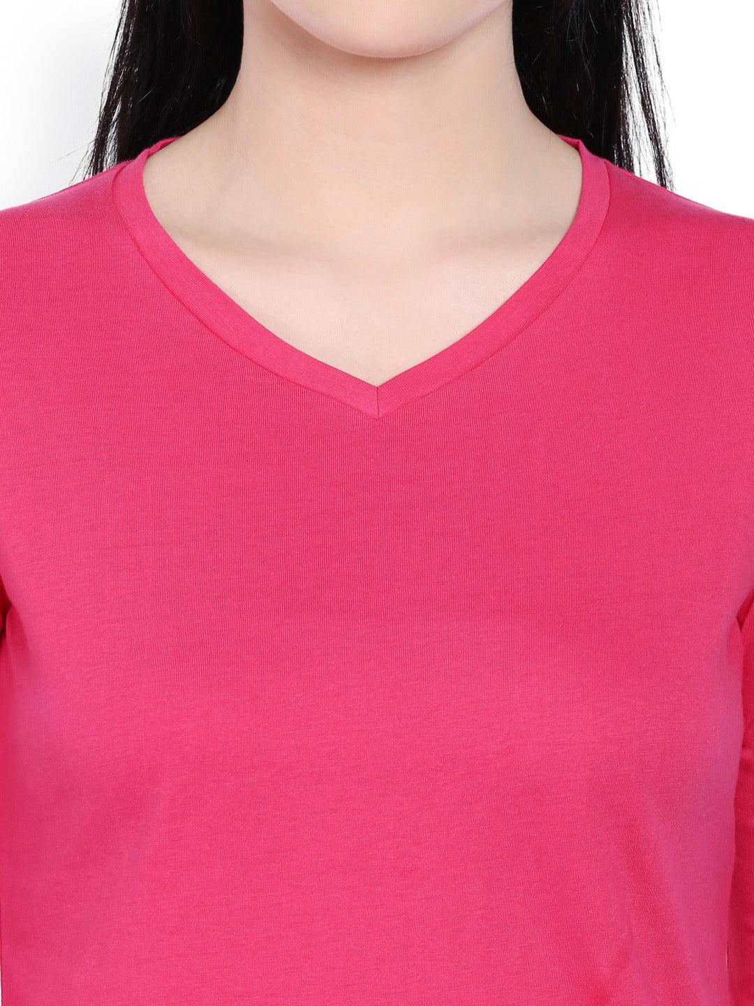 Style Quotient Women Pink V-Neck Solid Fashion Tshirts-Tshirt-StyleQuotient