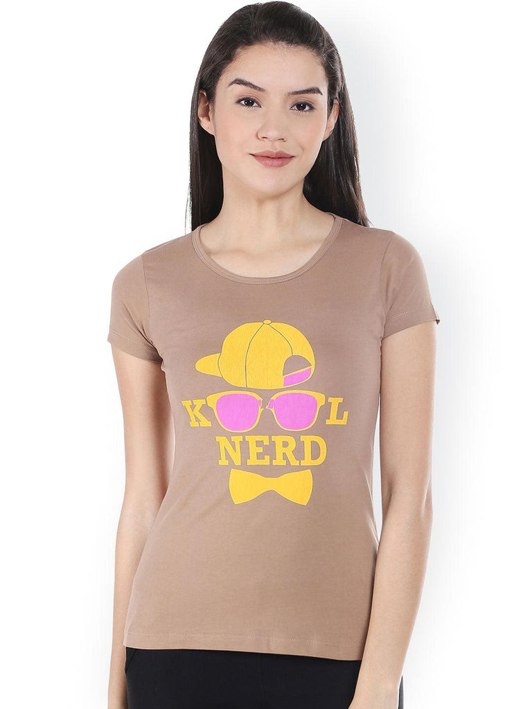 Women Brown Printed Round Neck T-Shirt-Tshirt-StyleQuotient