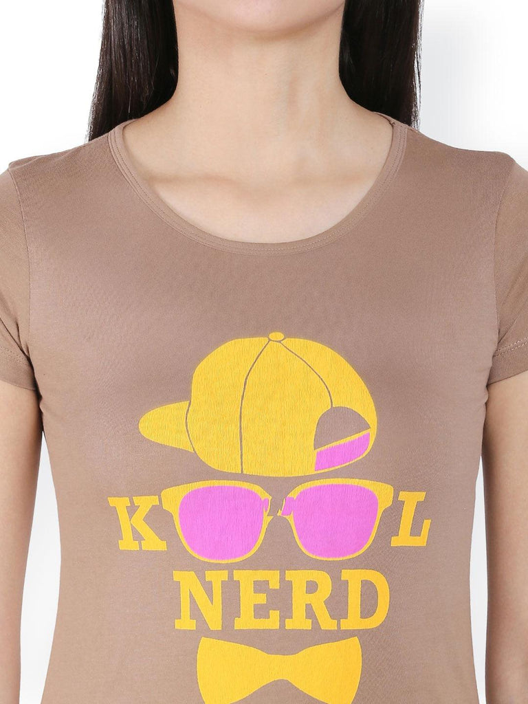 Women Brown Printed Round Neck T-Shirt-Tshirt-StyleQuotient