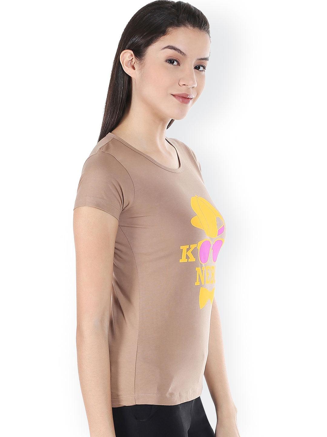 Women Brown Printed Round Neck T-Shirt-Tshirt-StyleQuotient