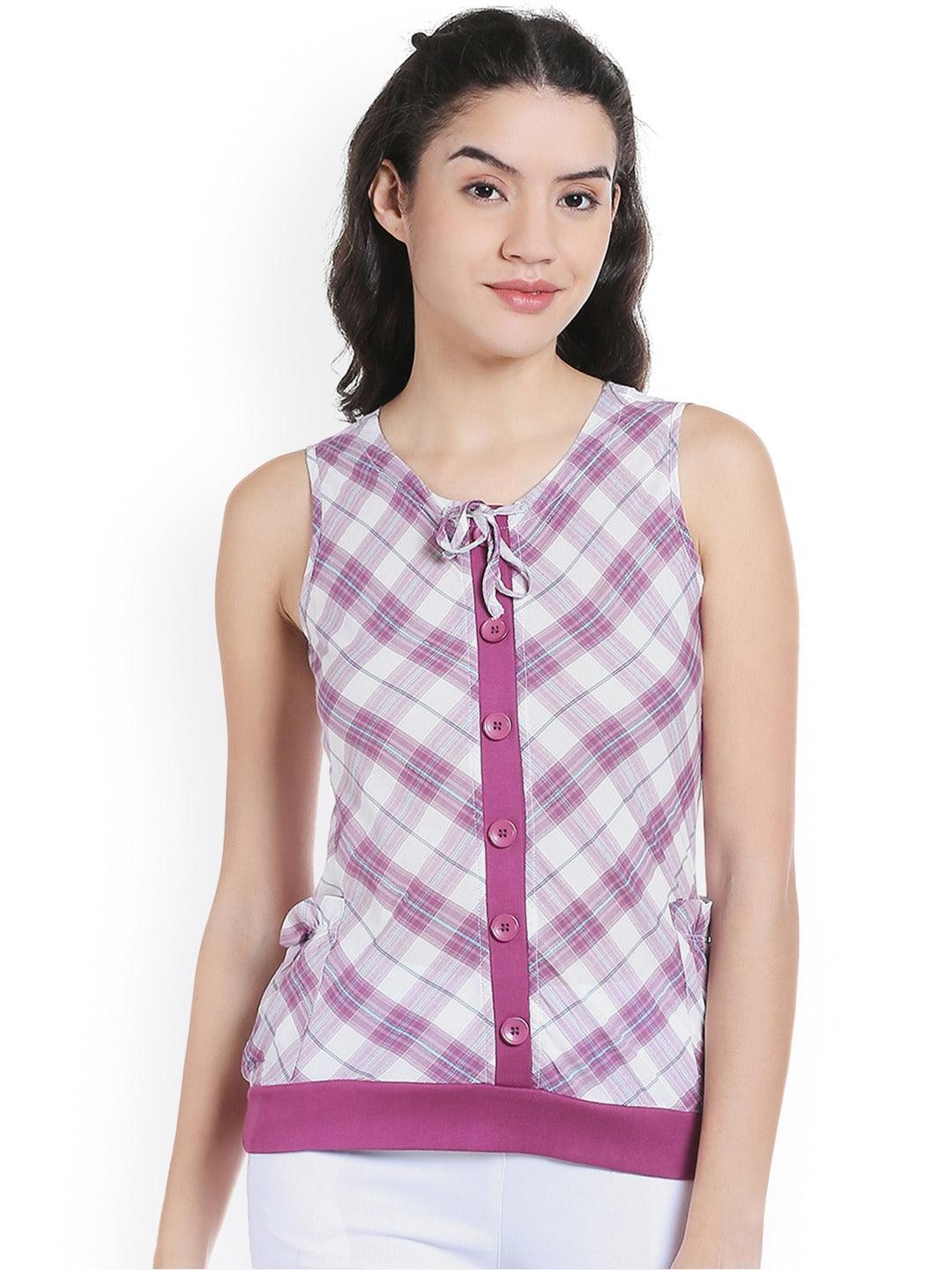 Women White & Purple Checked Top-Tops-StyleQuotient