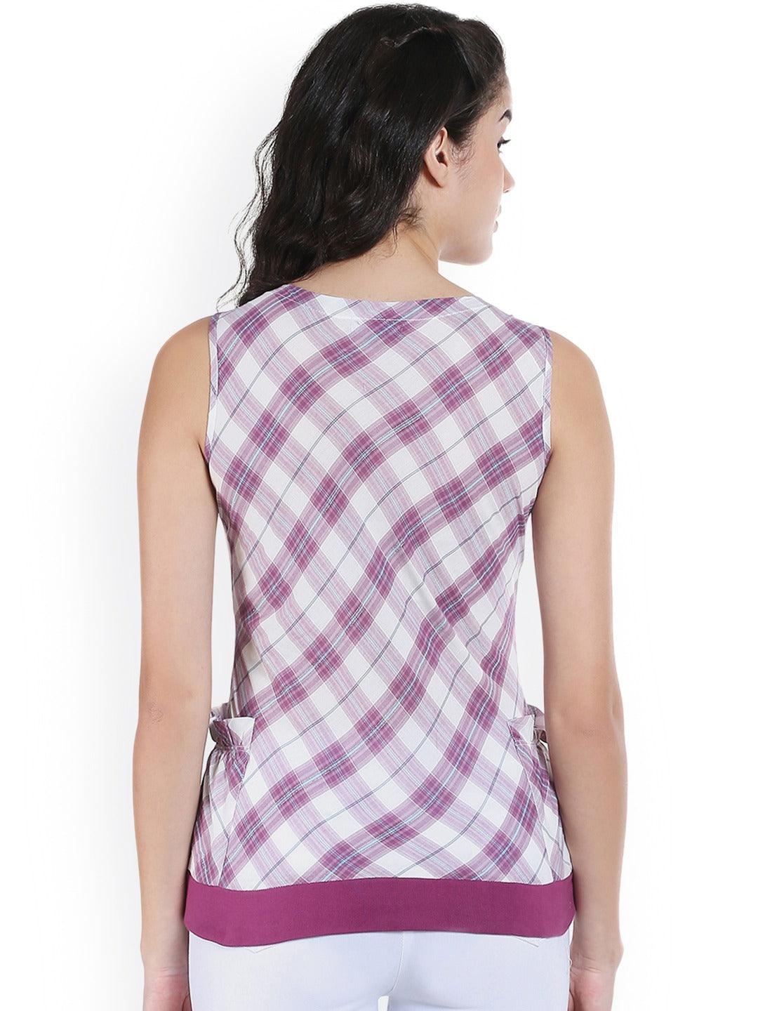 Women White & Purple Checked Top-Tops-StyleQuotient