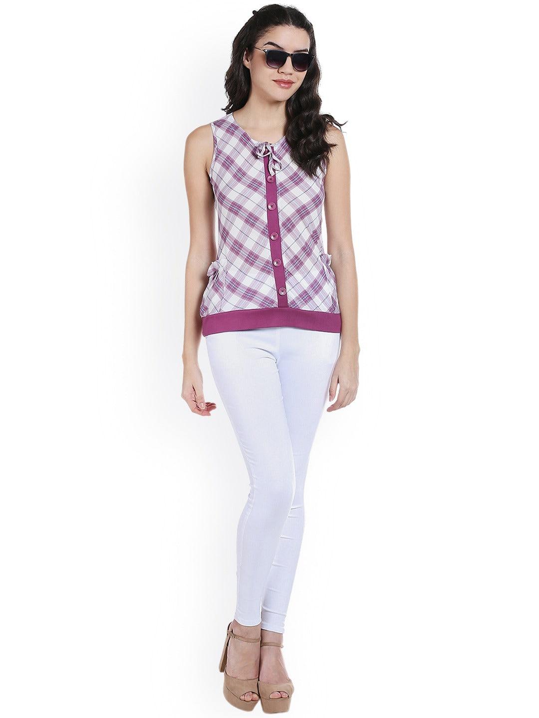 Women White & Purple Checked Top-Tops-StyleQuotient