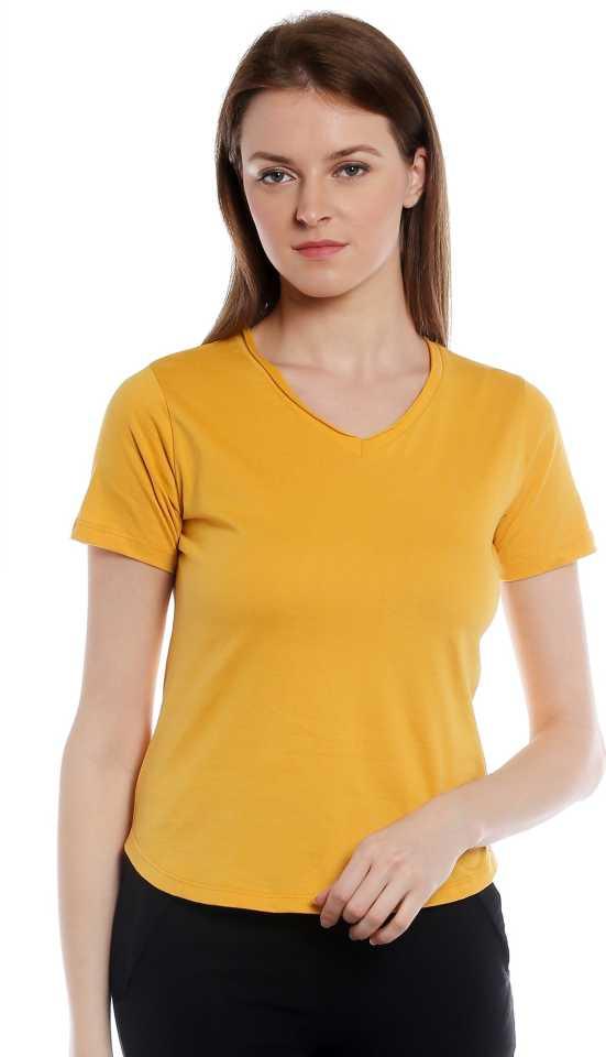 Style Quotient Women Mustard V-Neck Solid Fashion Tshirts-Tshirt-StyleQuotient