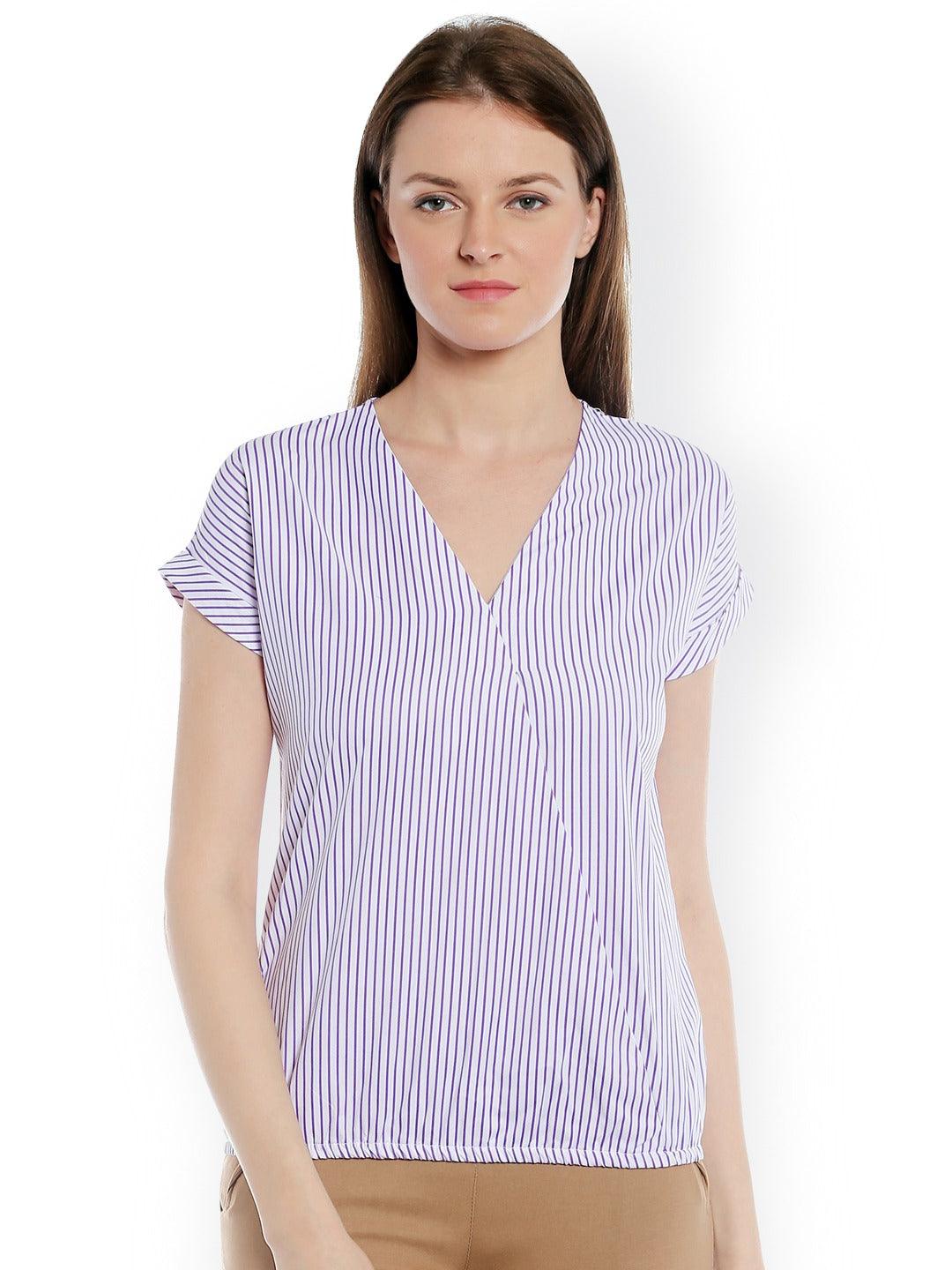 Style Quotient Women White V-Neck Striped Fashion Tops-Tops-StyleQuotient