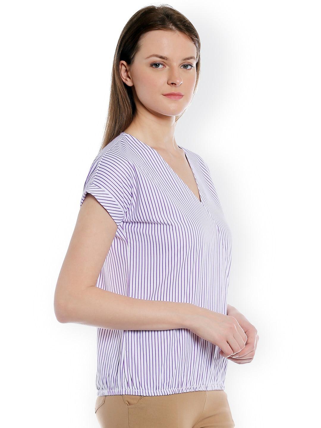 Style Quotient Women White V-Neck Striped Fashion Tops-Tops-StyleQuotient