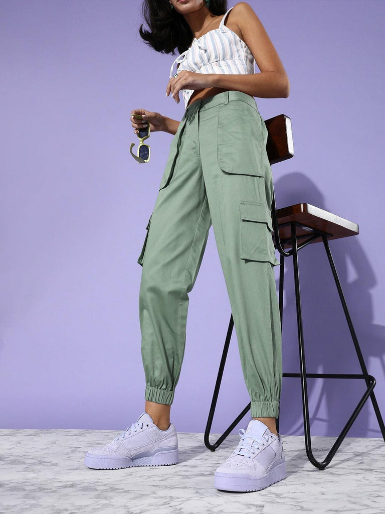 Style Quotient Women Green Solid Cargos Trousers-Trousers-StyleQuotient