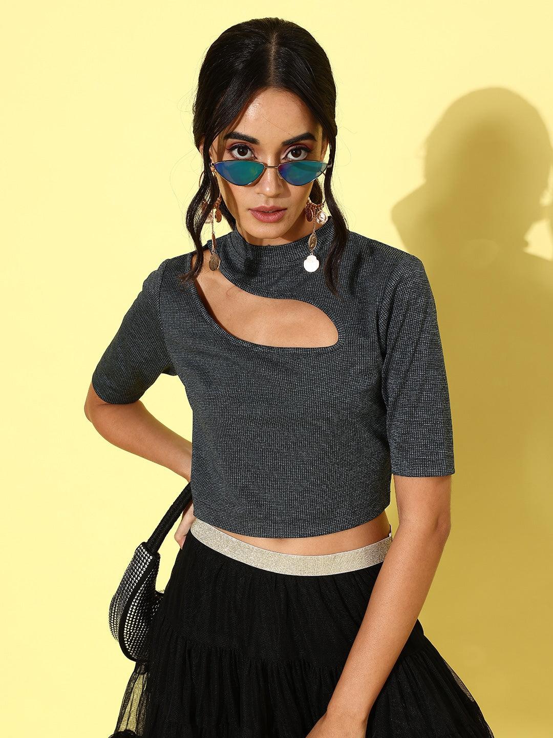 Style Quotient Women Charcoal Grey Solid Cut-Out Detail Crop Top-Tops-StyleQuotient