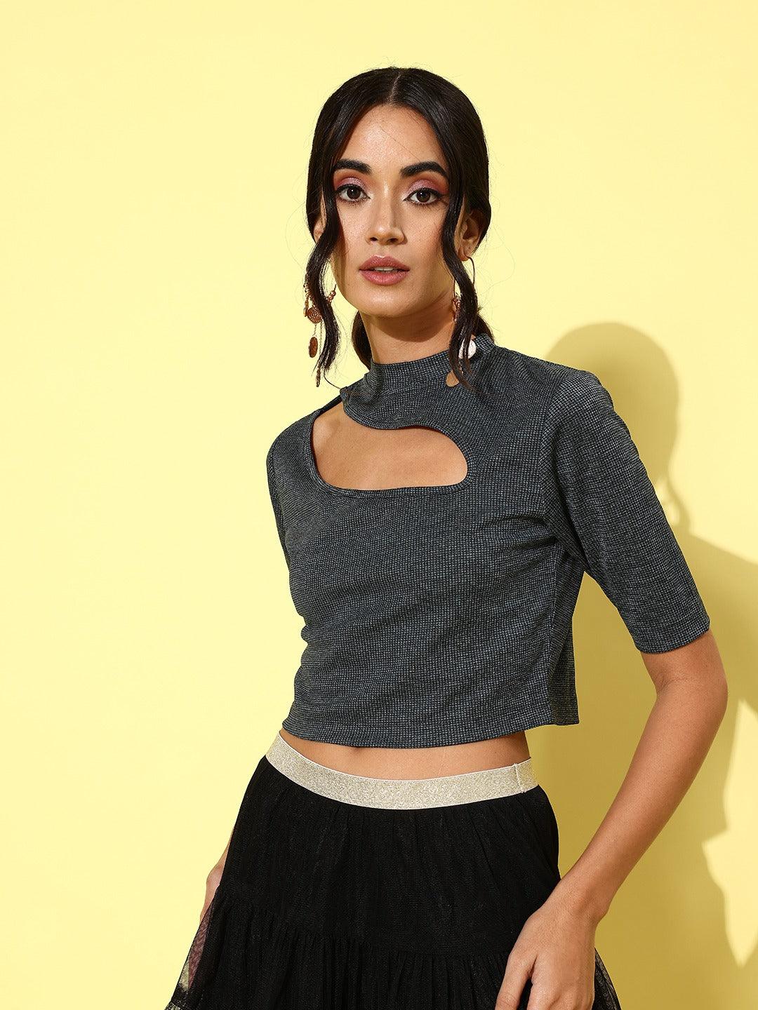 Style Quotient Women Charcoal Grey Solid Cut-Out Detail Crop Top-Tops-StyleQuotient