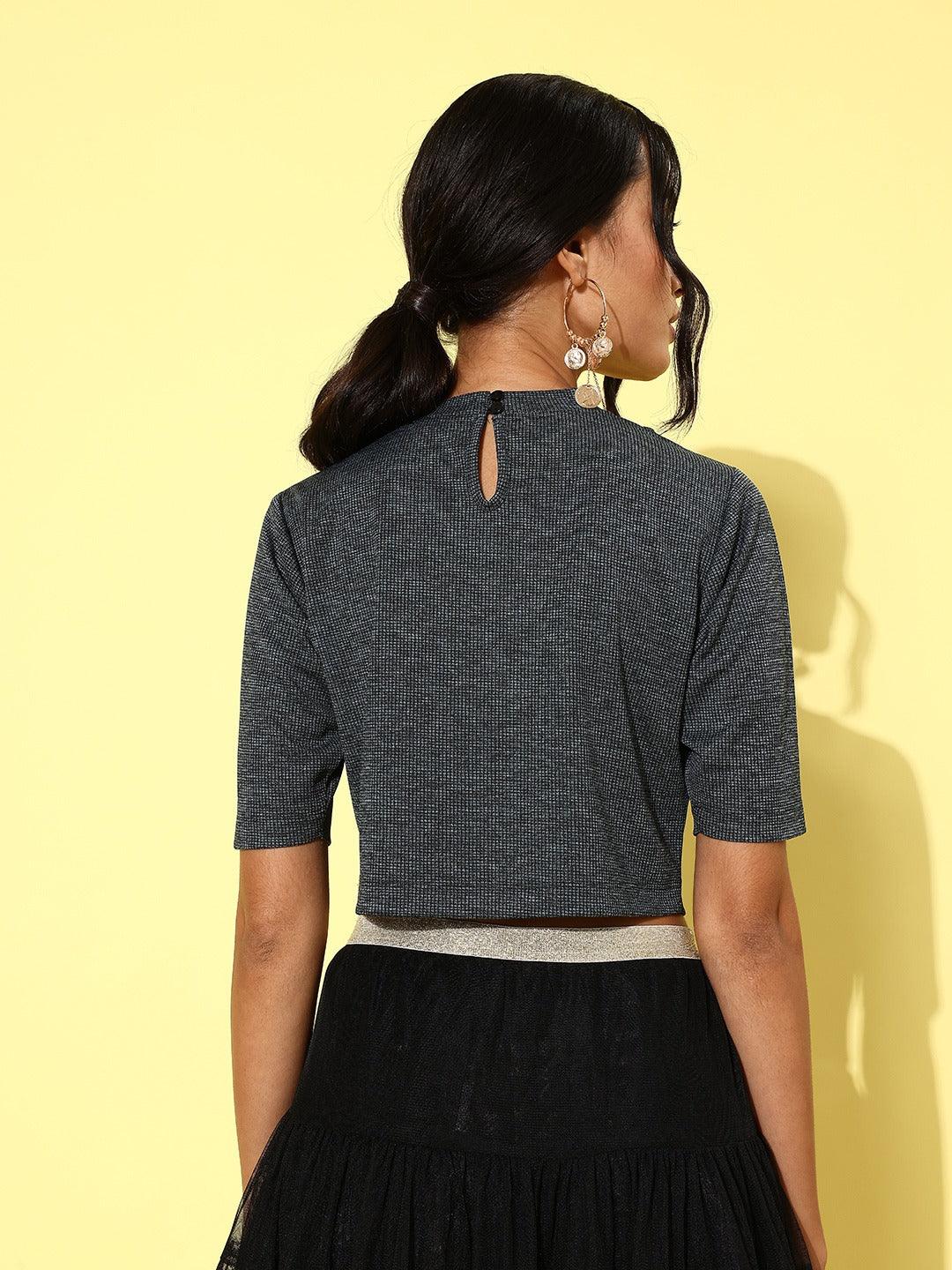 Style Quotient Women Charcoal Grey Solid Cut-Out Detail Crop Top-Tops-StyleQuotient