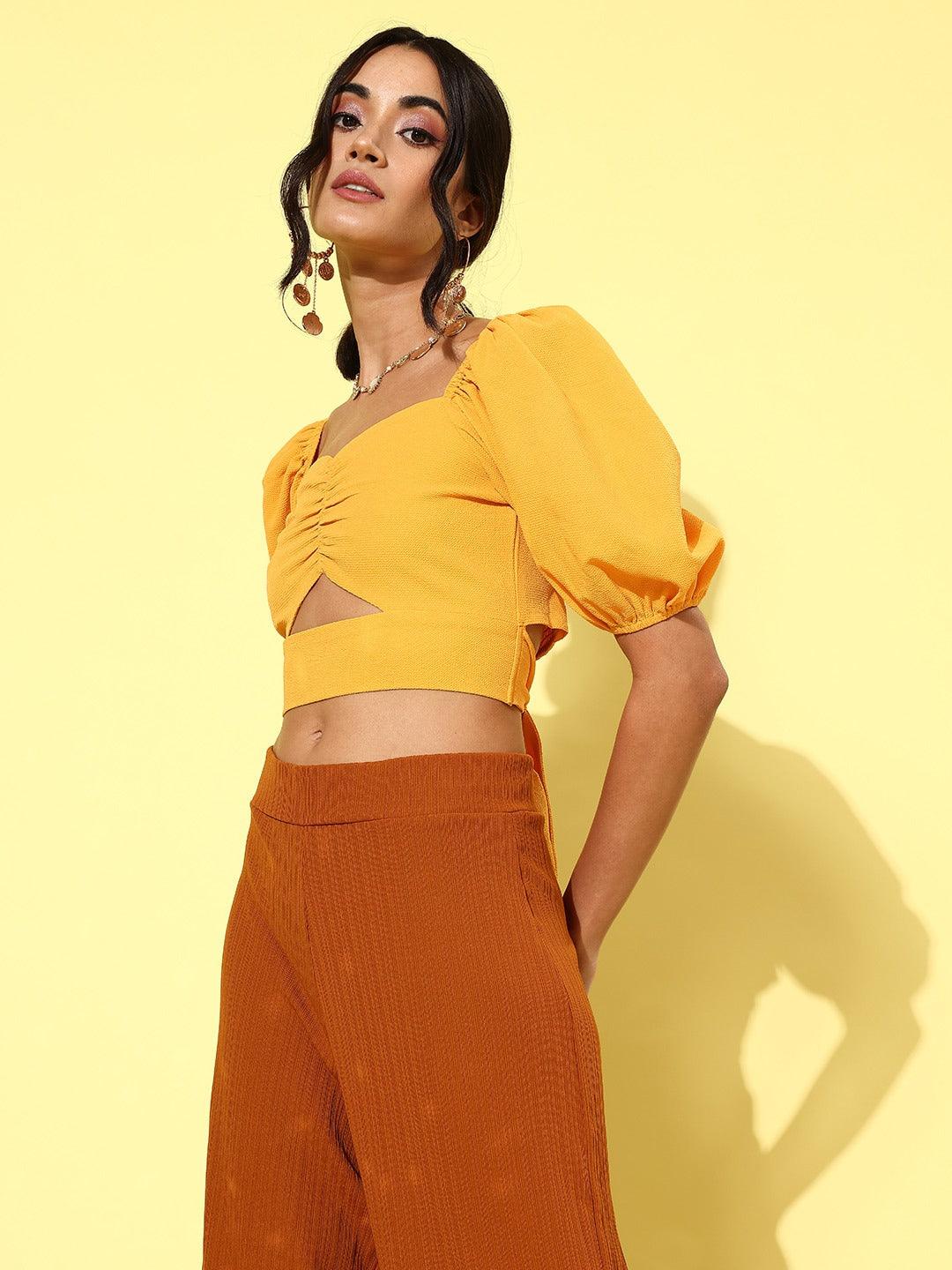 Style Quotient Women Yellow Solid Cut-Out Detail Smocked Bardot Crop Top-Tops-StyleQuotient