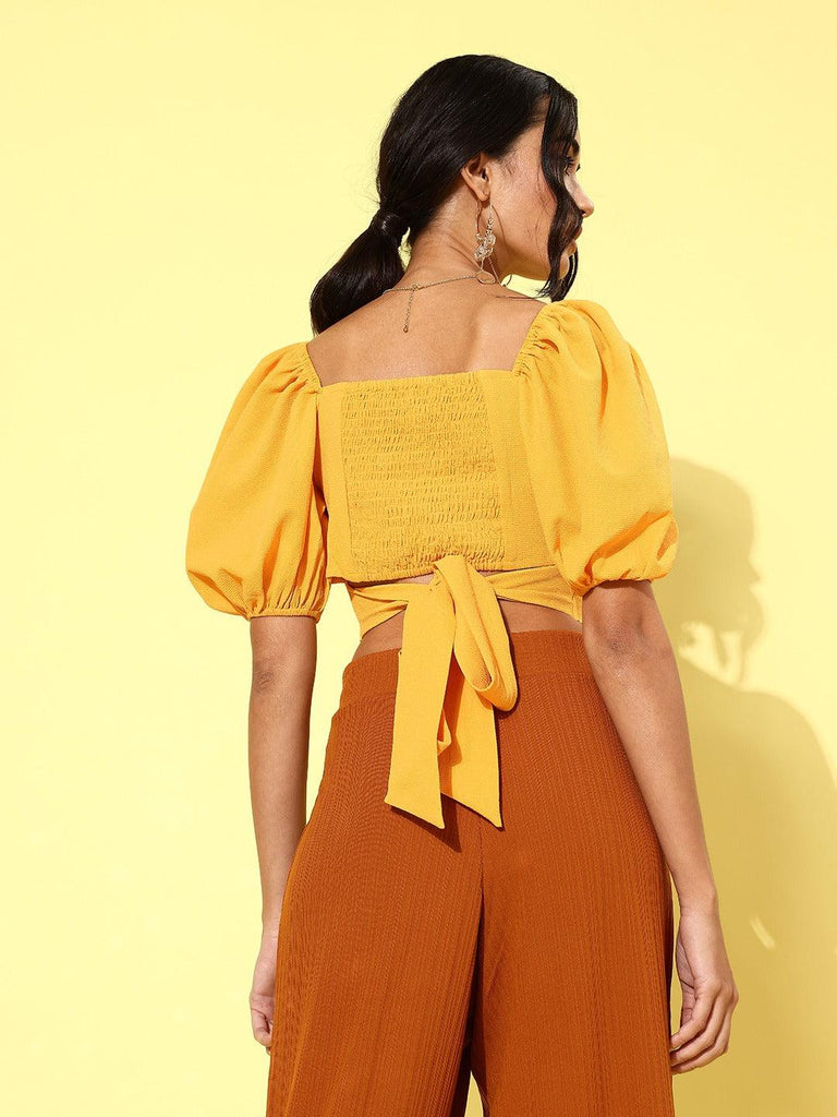 Style Quotient Women Yellow Solid Cut-Out Detail Smocked Bardot Crop Top-Tops-StyleQuotient
