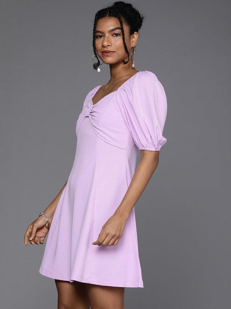 Style Quotient Women Lavender Puff Sleeves Dress With Twisted Detail-DRESS-StyleQuotient